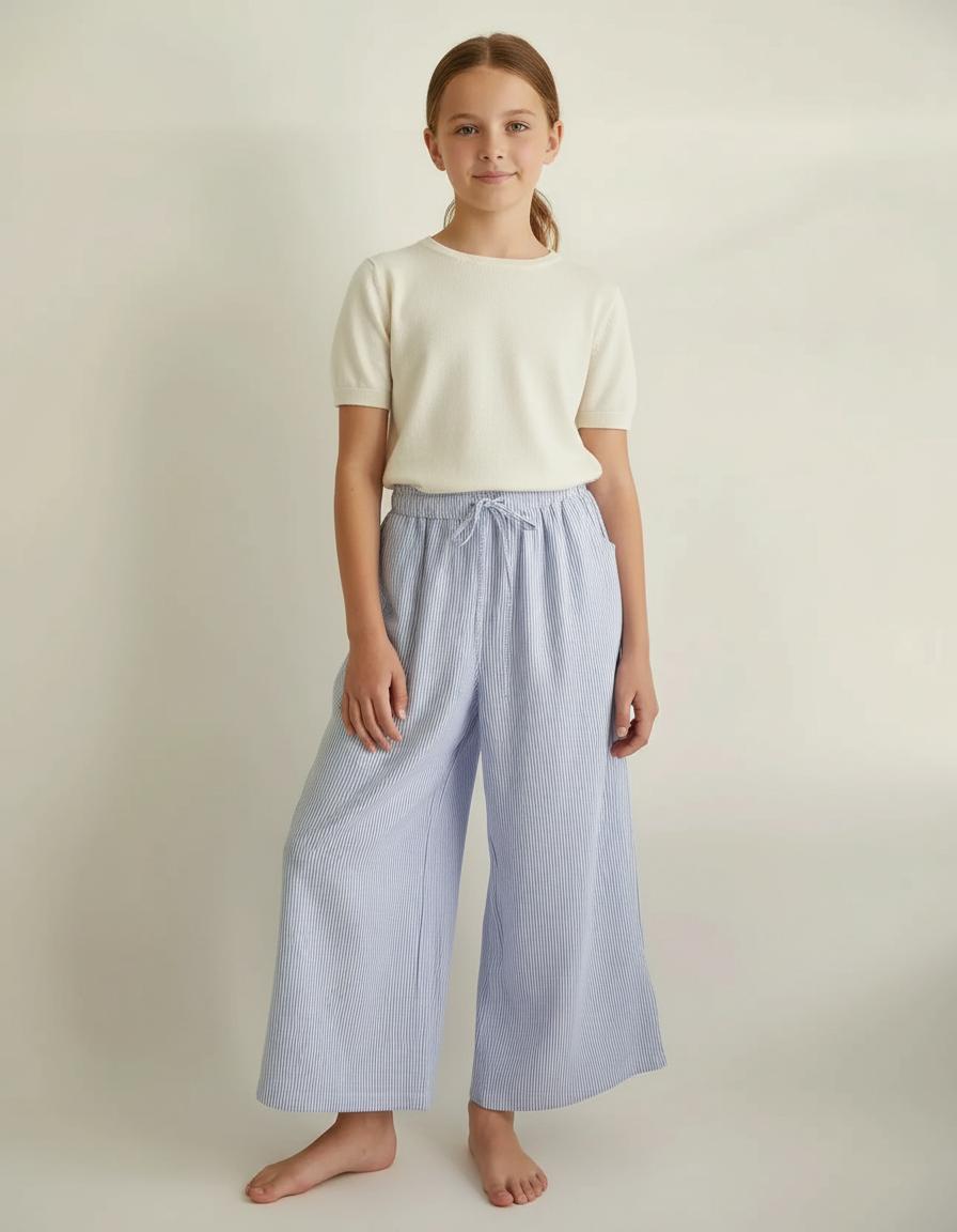 Pantalon Fluide Rayé Bleu Coton Ample Fille