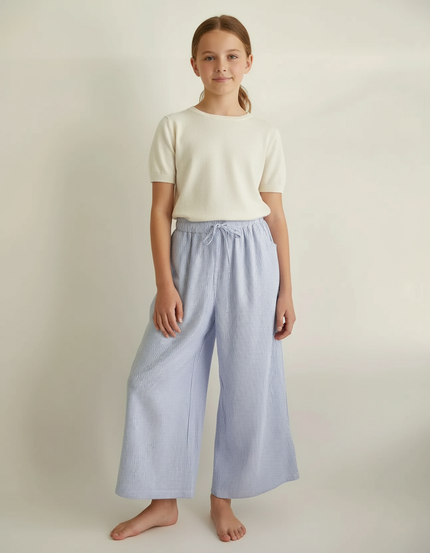 Pantalon Fluide Rayé Bleu Coton Ample Fille