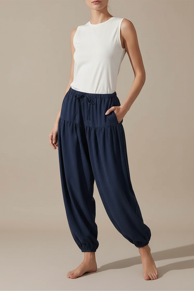 Pantalon Fluide Bleu Marine Ample Cordon Confortable - Lin