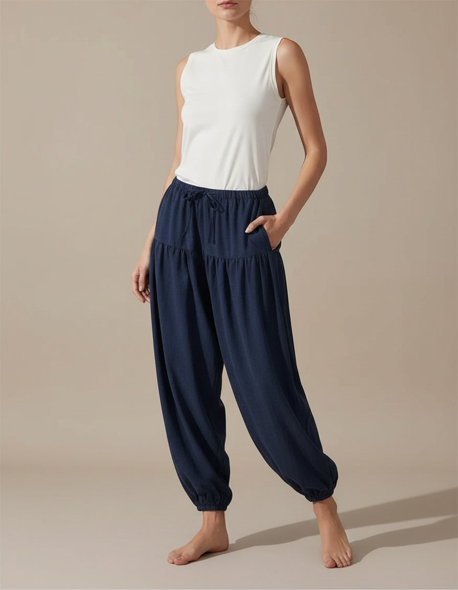 Pantalon Fluide Bleu Marine Ample Cordon Confortable - Lin