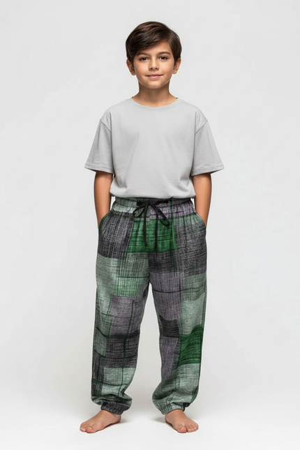 Pantalon Fluide Patchwork Vert Gris Ample Décontracté - Multicolore Lin