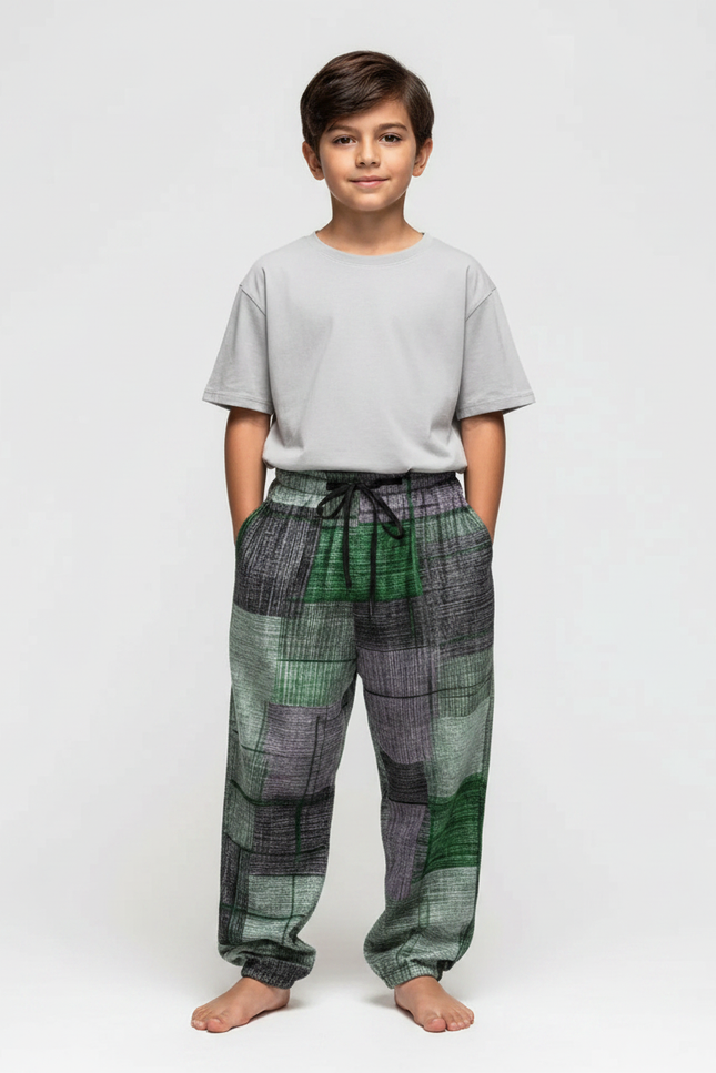 Pantalon Fluide Patchwork Vert Gris Ample Décontracté - Multicolore Lin