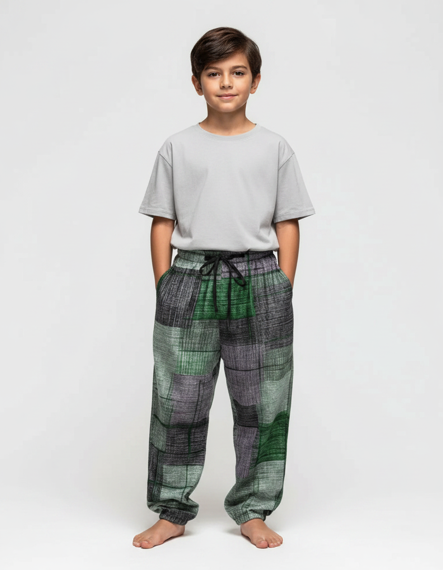 Pantalon Fluide Patchwork Vert Gris Ample Décontracté - Multicolore Lin