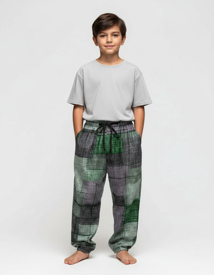 Pantalon Fluide Patchwork Vert Gris Ample Décontracté - Multicolore Lin