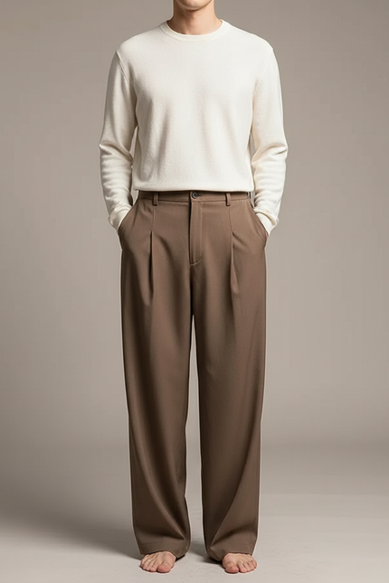 Pantalon Fluide Marron Ample Plissé Décontracté Élégant Homme - Polyester