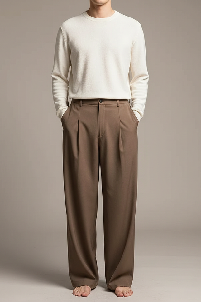 Pantalon Fluide Marron Ample Plissé Décontracté Élégant Homme - Polyester