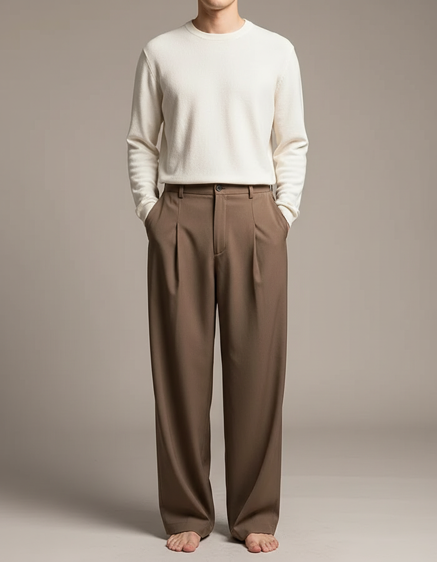 Pantalon Fluide Marron Ample Plissé Décontracté Élégant Homme - Polyester