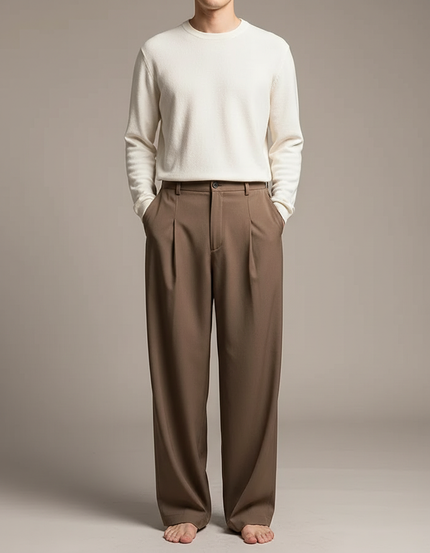 Pantalon Fluide Marron Ample Plissé Décontracté Élégant Homme - Polyester
