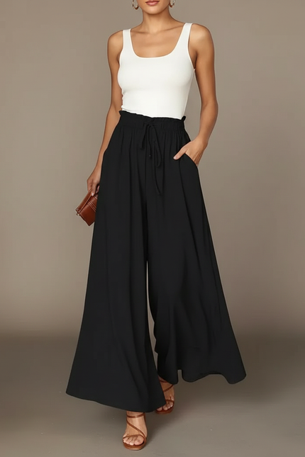 Pantalon Fluide Noir Avec Noeud - Viscose