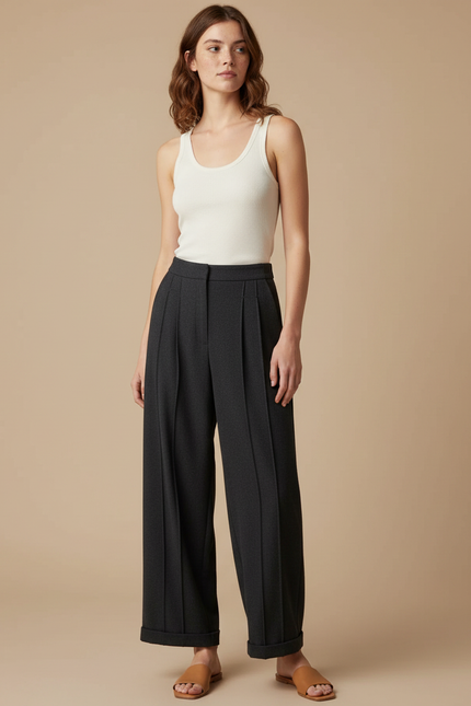 Pantalon Fluide Anthracite Large Taille Haute Plissé - Gris Polyester