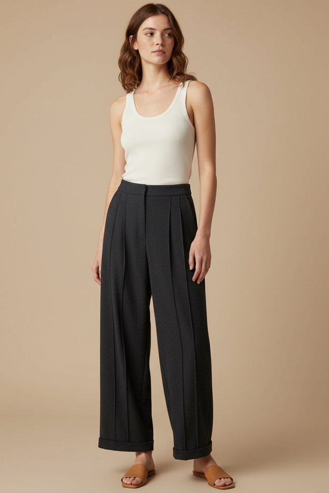 Pantalon Fluide Anthracite Large Taille Haute Plissé - Gris Polyester