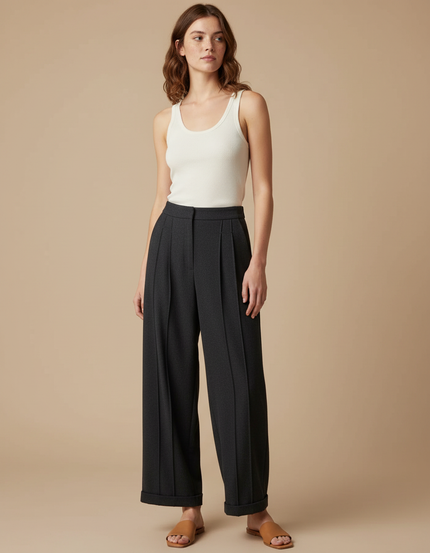 Pantalon Fluide Anthracite Large Taille Haute Plissé - Gris Polyester