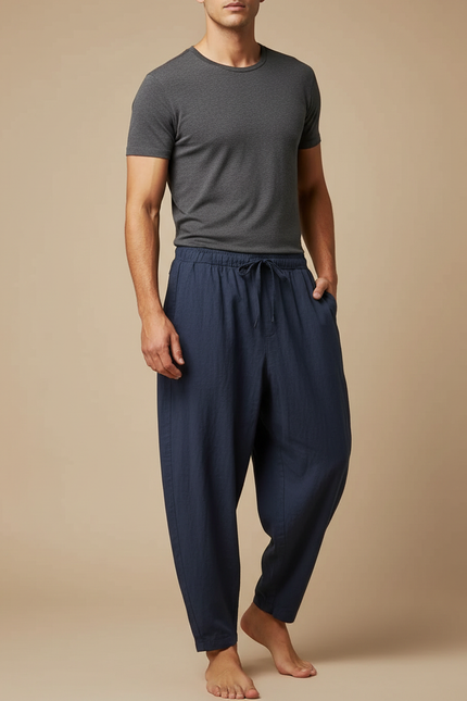 Pantalon Fluide Coton Lin Bleu Marine Ample Décontracté Homme