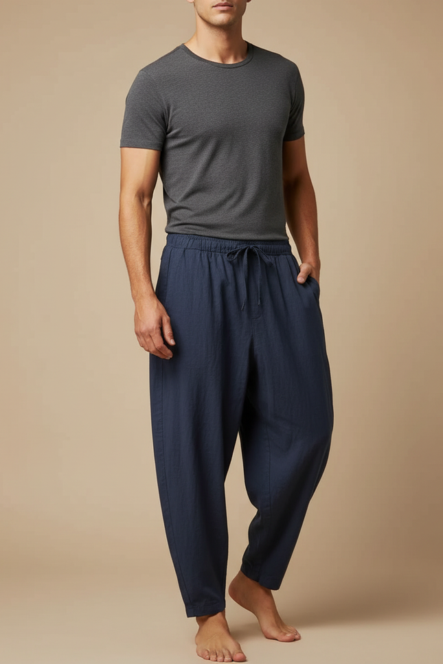 Pantalon Fluide Coton Lin Bleu Marine Ample Décontracté Homme