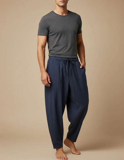 Pantalon Fluide Coton Lin Bleu Marine Ample Décontracté Homme