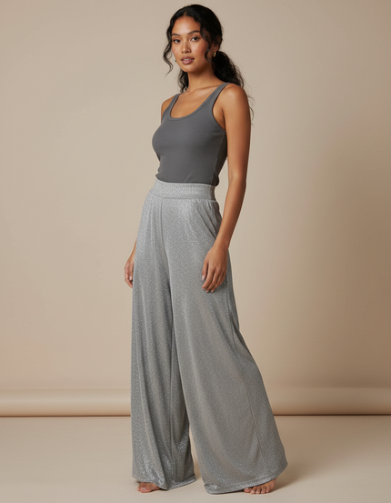 Pantalon Fluide Argenté Brillant Ample Élégant - Maille