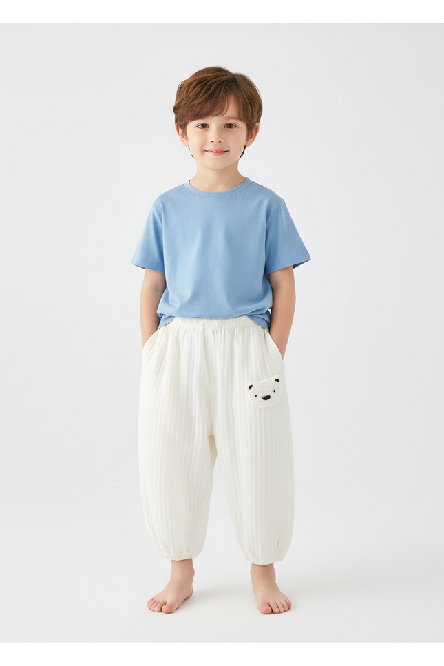 Pantalon Fluide Blanc Cassé Ample Coton Enfant Ourson
