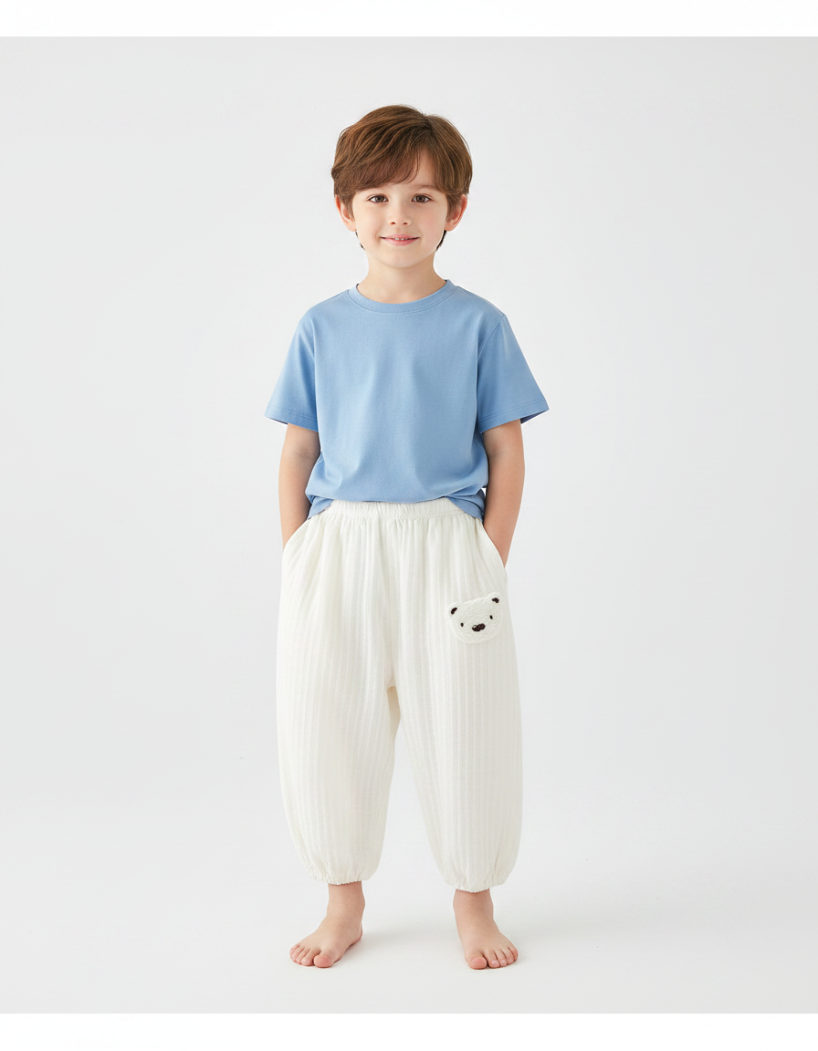 Pantalon Fluide Blanc Cassé Ample Coton Enfant Ourson