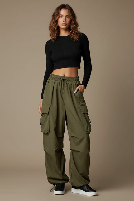 Pantalon Fluide Cargo Vert Ample Décontracté Streetwear - Kaki Polyester