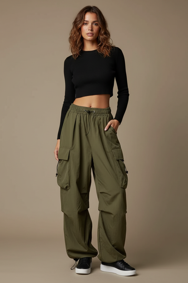 Pantalon Fluide Cargo Vert Ample Décontracté Streetwear - Kaki Polyester