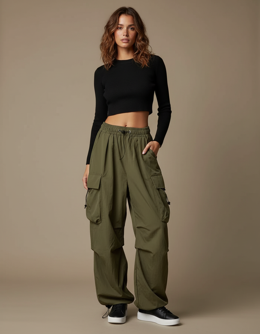 Pantalon Fluide Cargo Vert Ample Décontracté Streetwear - Kaki Polyester