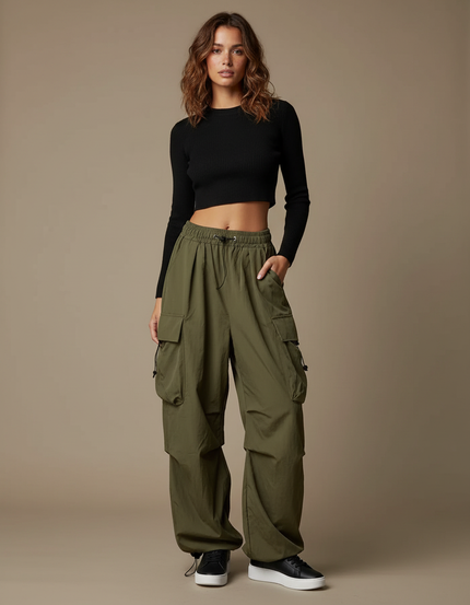 Pantalon Fluide Cargo Vert Ample Décontracté Streetwear - Kaki Polyester