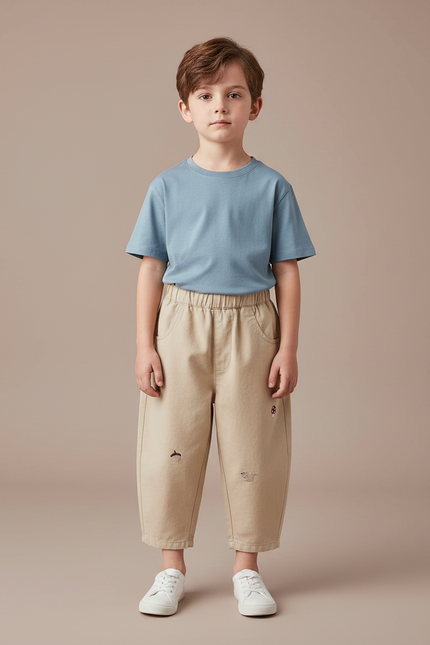Pantalon Fluide Beige Coton Ample Brodé Garçon Décontracté