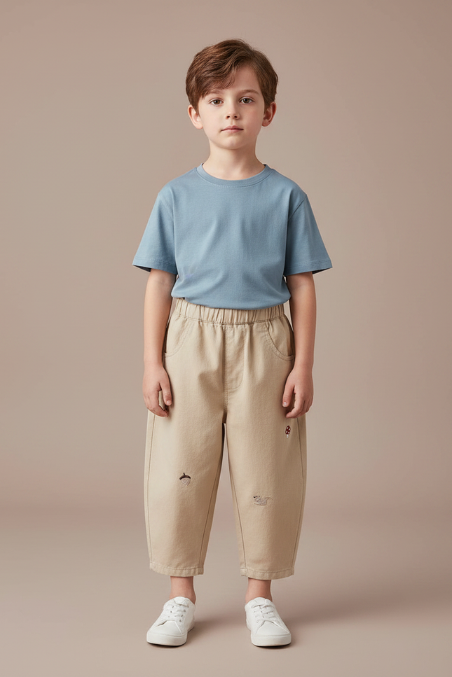 Pantalon Fluide Beige Coton Ample Brodé Garçon Décontracté