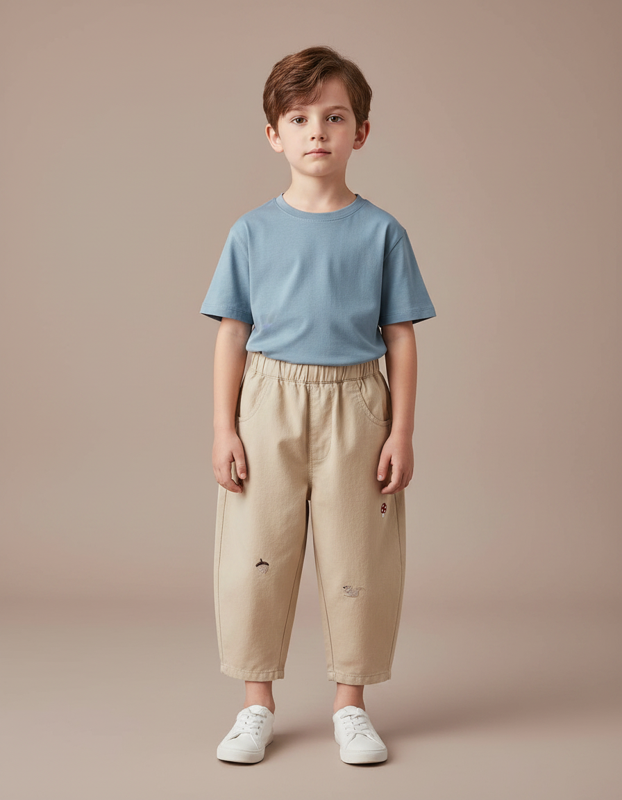 Pantalon Fluide Beige Coton Ample Brodé Garçon Décontracté
