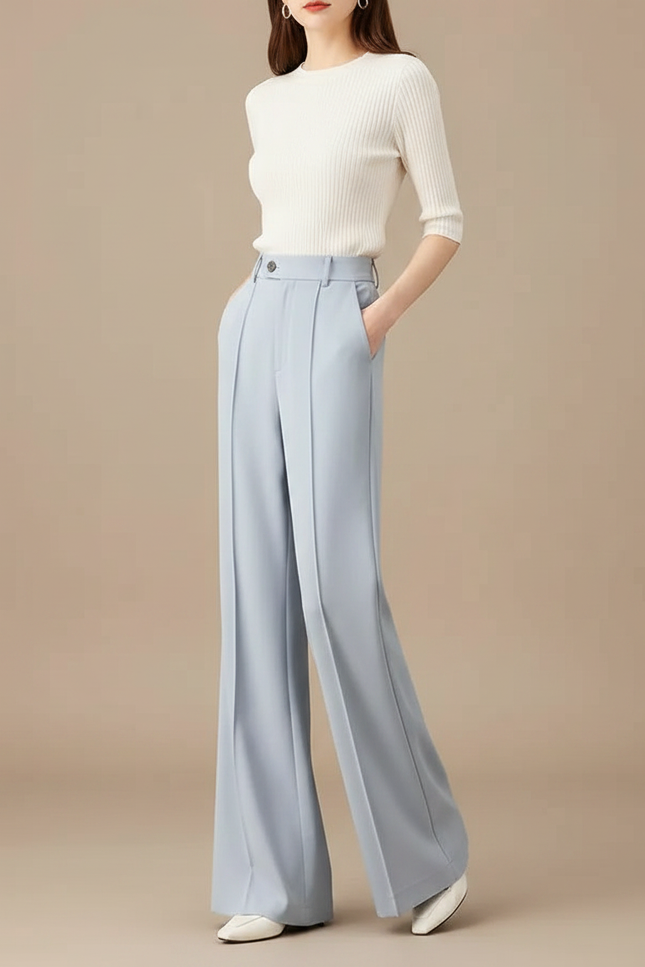 Pantalon Fluide Bleu Ciel Ample Taille Haute Élégant - Polyester