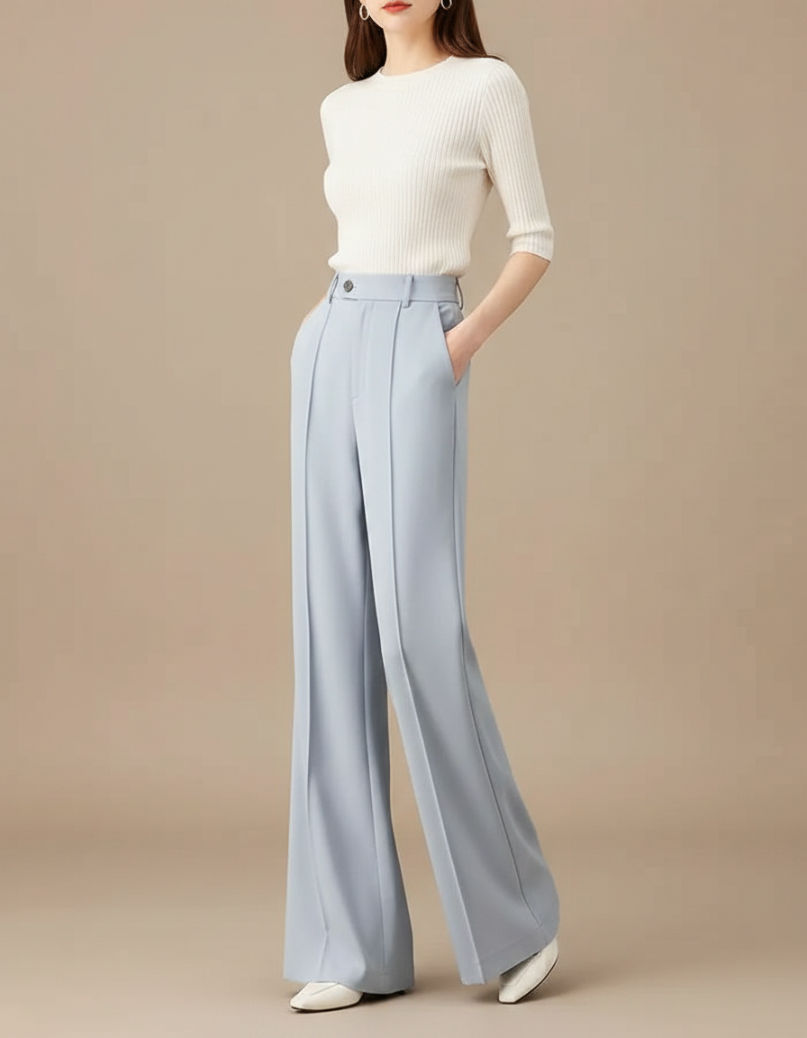 Pantalon Fluide Bleu Ciel Ample Taille Haute Élégant - Polyester