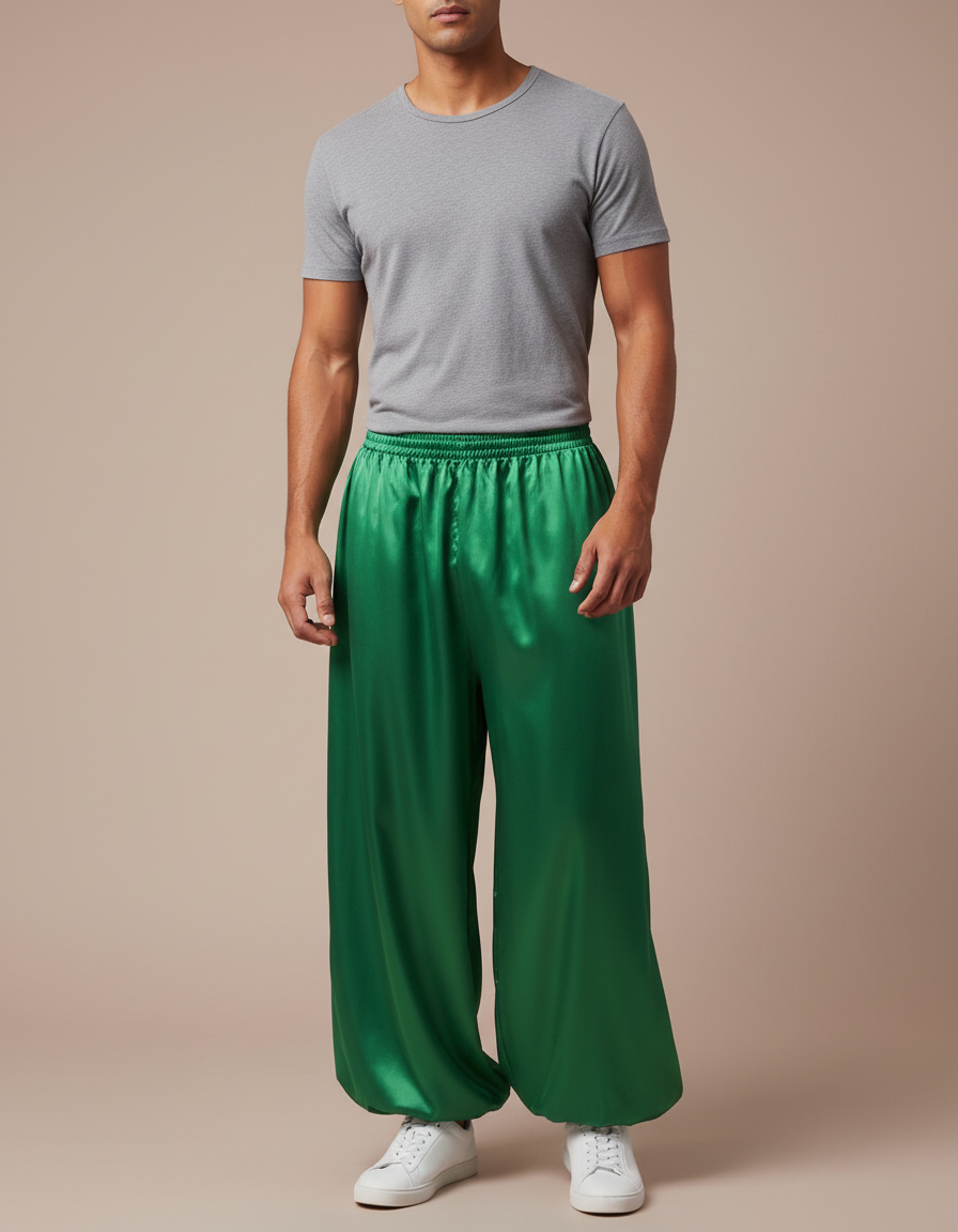 Pantalon Fluide Vert Satiné Ample Homme Scène
