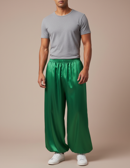 Pantalon Fluide Vert Satiné Ample Homme Scène