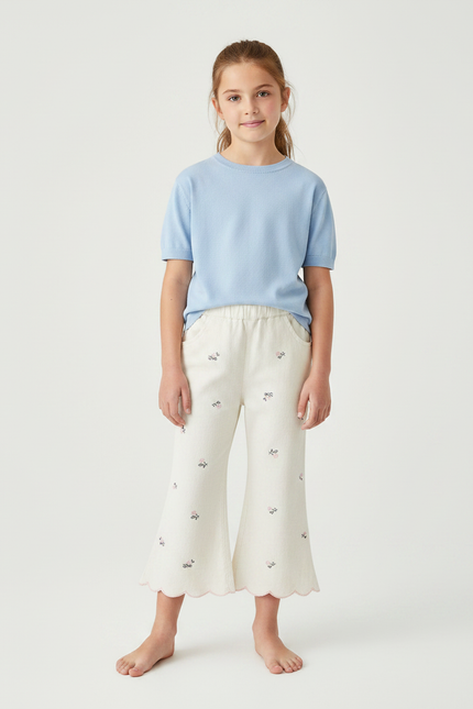 Pantalon Fluide Écru Brodé Floral Scallop Enfant - Beige Coton