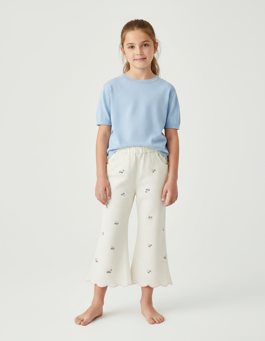Pantalon Fluide Écru Brodé Floral Scallop Enfant - Beige Coton