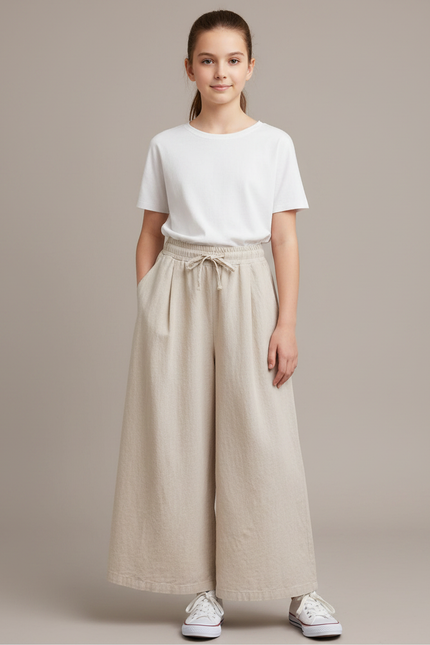 Pantalon Fluide Beige Large Lin Décontracté Fille