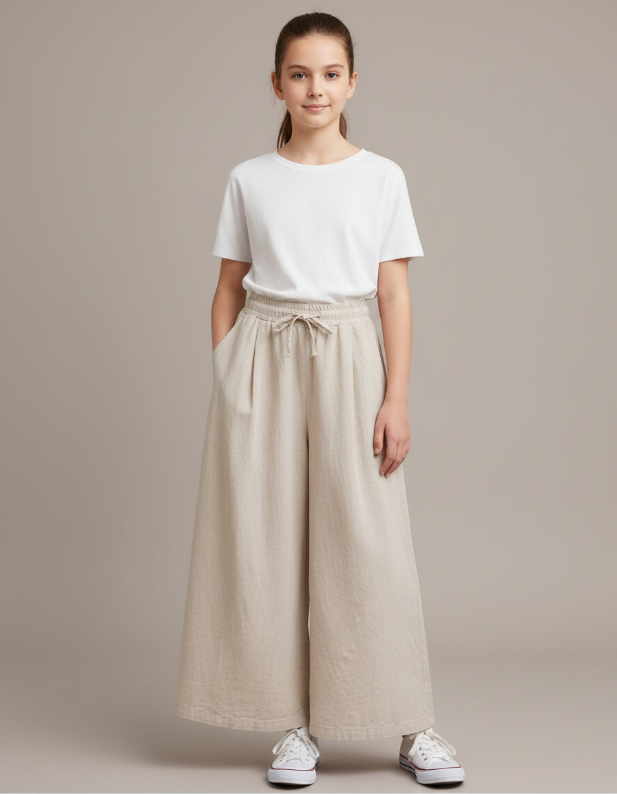 Pantalon Fluide Beige Large Lin Décontracté Fille