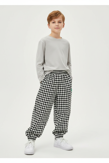 Pantalon Fluide Pied-de-poule Ample Décontracté Garçon Hiver - Imprimé Molleton