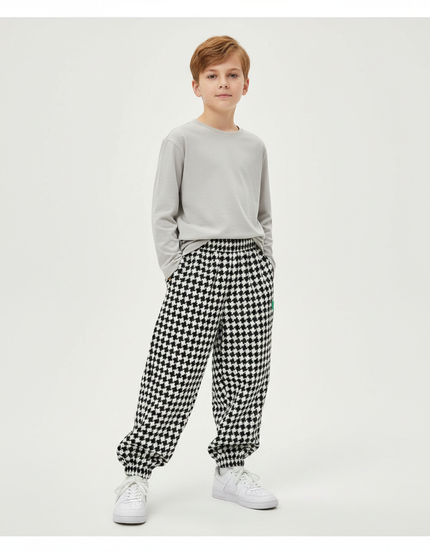 Pantalon Fluide Pied-de-poule Ample Décontracté Garçon Hiver - Imprimé Molleton
