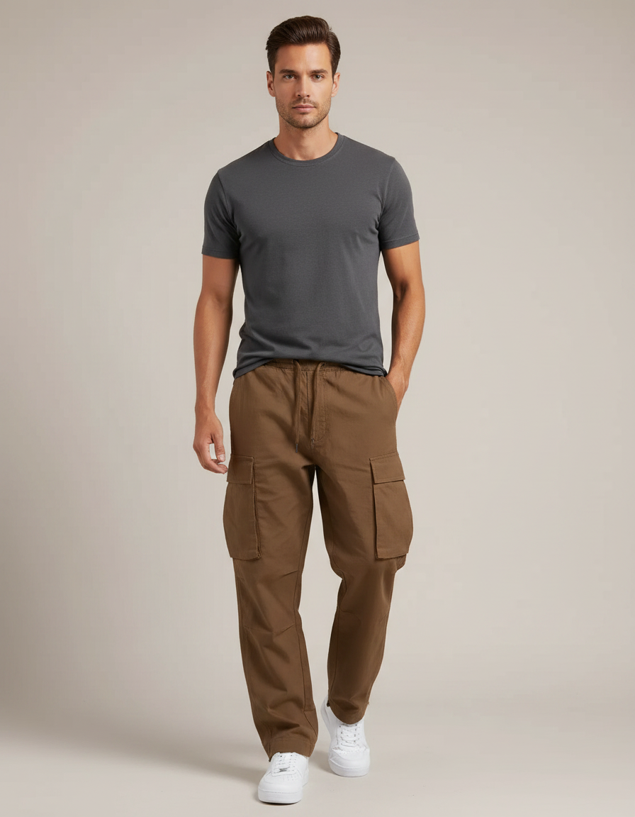 Pantalon Fluide Marron Cargo Ample Décontracté - Toile