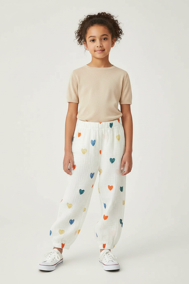 Pantalon Fluide Blanc Cœurs Colorés Ample Muslin Enfant - Coton