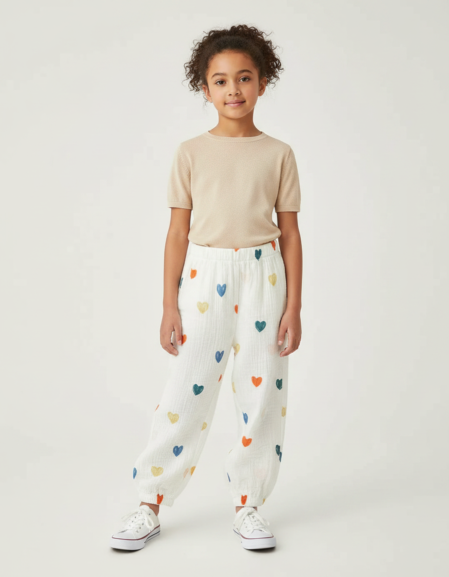 Pantalon Fluide Blanc Cœurs Colorés Ample Muslin Enfant - Coton