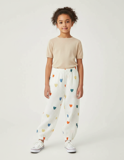 Pantalon Fluide Blanc Cœurs Colorés Ample Muslin Enfant - Coton