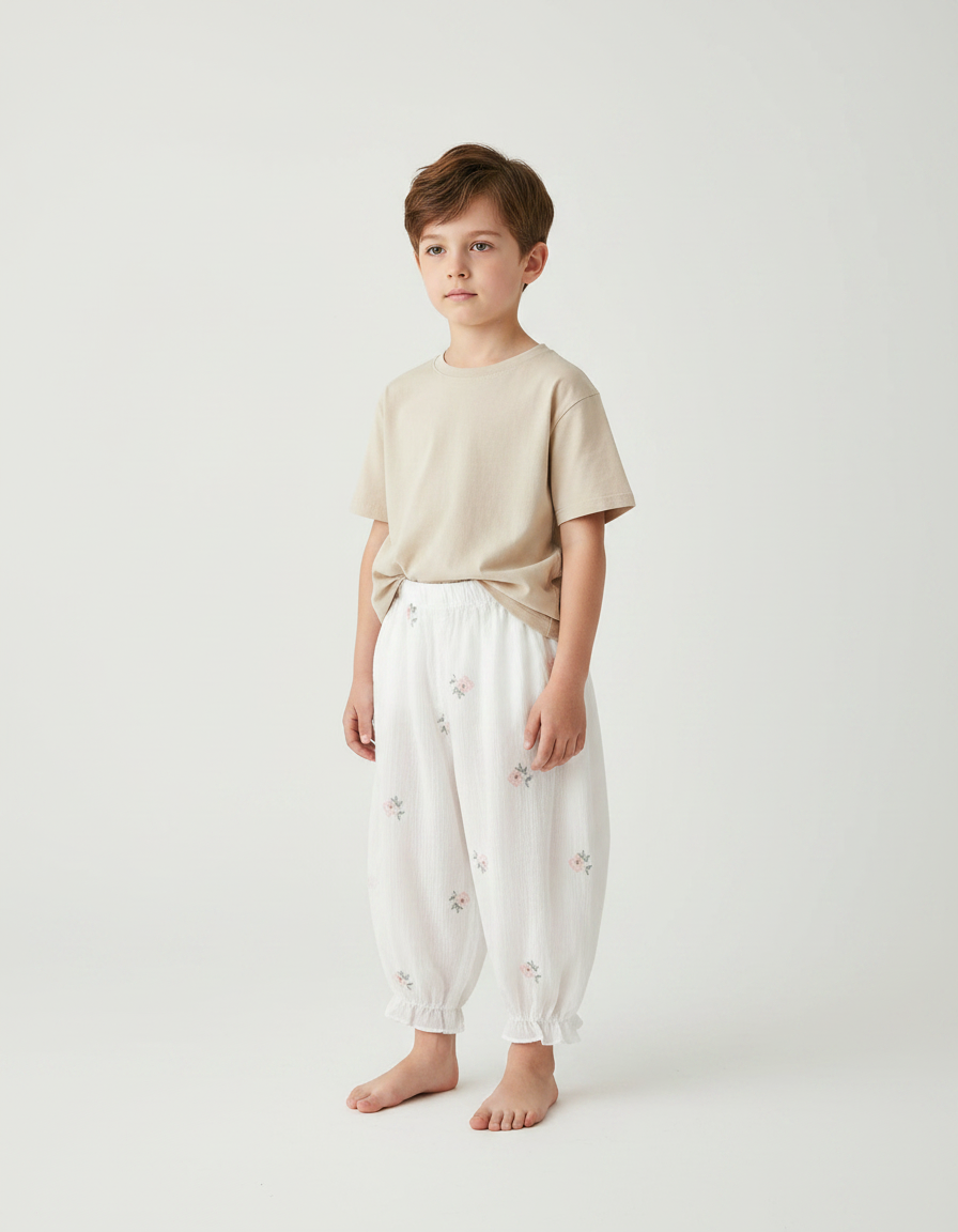 Pantalon Fluide Blanc Coton Gaze Ample Floral Enfant