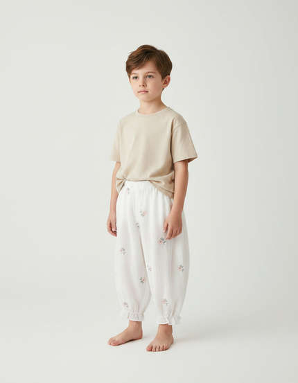 Pantalon Fluide Blanc Coton Gaze Ample Floral Enfant