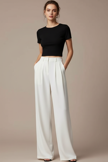 Pantalon Fluide Femme Blanc Palazzo Polyester