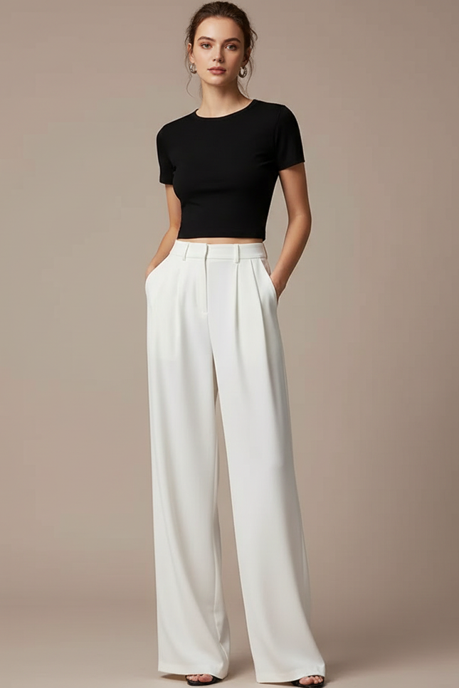 Pantalon Fluide Femme Blanc Palazzo Polyester
