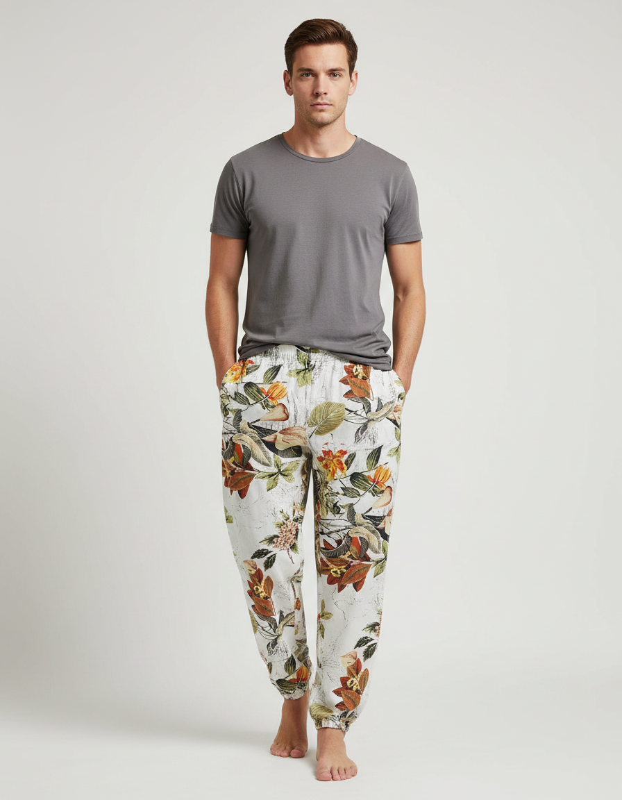 Pantalon Fluide Imprimé Floral Ample Confortable Léger Homme - Lin