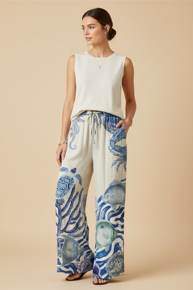 Pantalon Fluide Imprimé Marin Ample Décontracté Écru - Lin