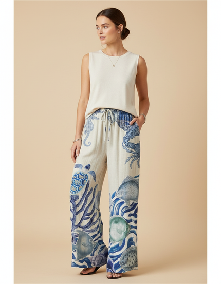Pantalon Fluide Imprimé Marin Ample Décontracté Écru - Lin